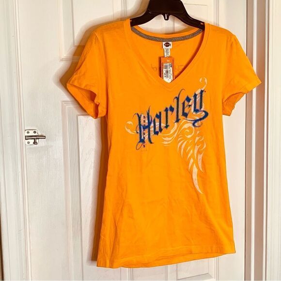 Harley Davidson Orange Tribe V Neck Tee Size Small - Picture 5 of 10
